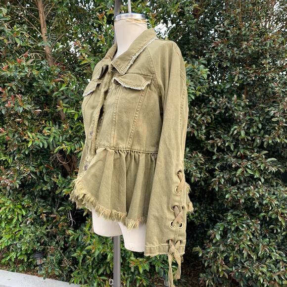 Free People Willow Cotton Denim Khaki Ruffled Jacket Women’s XS - Picture 2 of 10